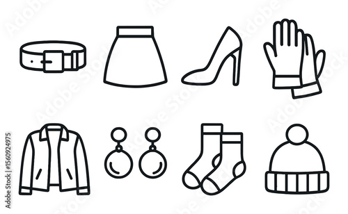 Winter fashion set. clothing and accessories linear icons. jacket, gloves, hat, shoes, skirt vector icons.