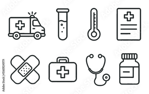 Medical icon set. healthcare linear icons: ambulance, test tube, stethoscope & more vector icons.