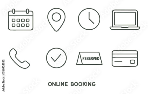 Online booking icon set. technology, reservation, flat style. calendar, phone, laptop, card vector icons.