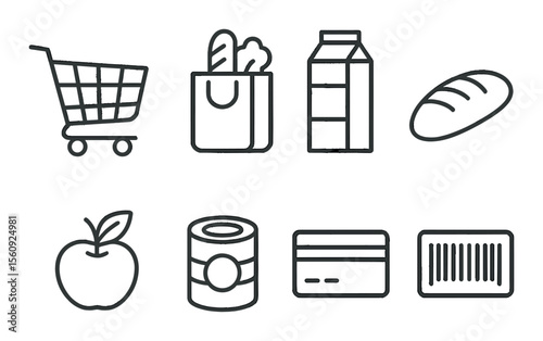 Grocery store set. shopping cart, bag, milk, bread, apple, can, card, barcode silhouette vector icons.