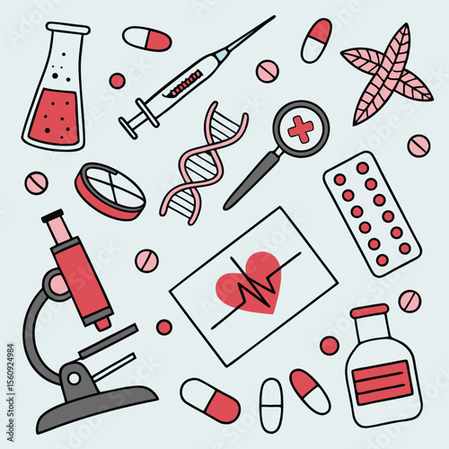Medical and scientific tools colorful hand drawn illustration