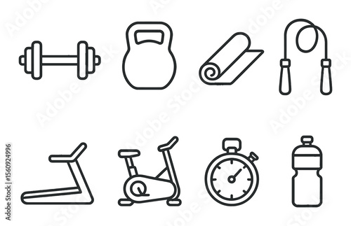 Gym equipment set. fitness linear weights, kettlebell, mat, rope, bike vector icons.