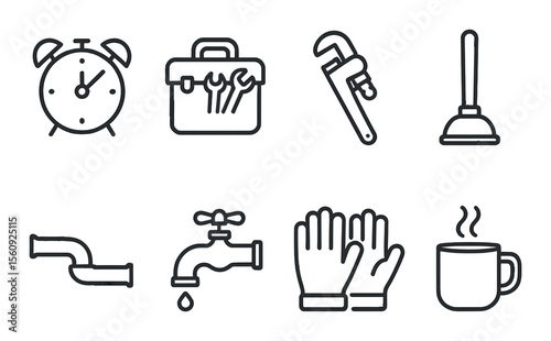 Plumbing tool set. household repair silhouette icons. plunger, wrench, faucet, pipe vector icons.