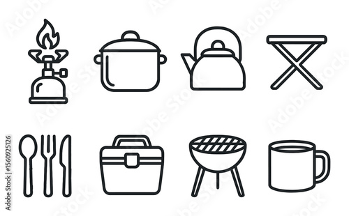 Camping gear set. outdoor cooking linear icons. stove, pot, kettle, grill vector icons.