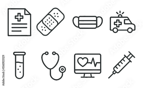Medical icon set. healthcare linear symbols. document, bandage, mask, ambulance, test tube vector icons.