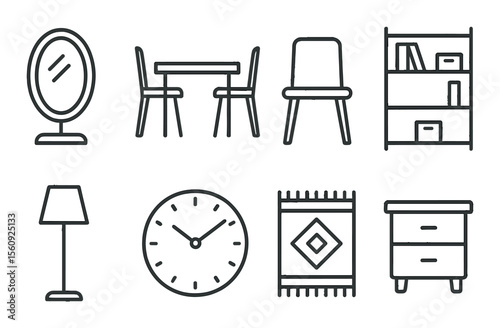 Furniture set. home decor flat icons. chair, lamp, clock, shelf, table, rug vector icons.