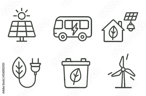 Eco energy set. sustainable power linear icons. solar, battery, bus, wind, plug, house vector icons.