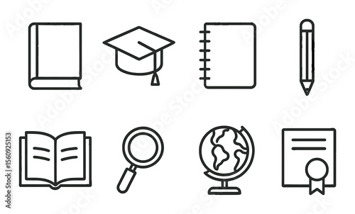 Education icon set. school supplies silhouette: book, pencil, globe, diploma vector icons.