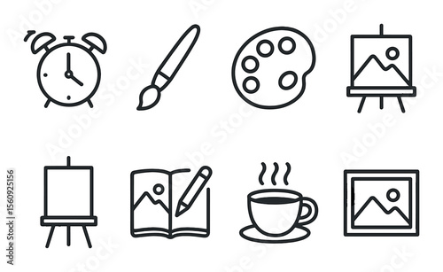 Art tools set. creative design silhouette icons. brush, palette, easel, canvas, coffee vector icons.