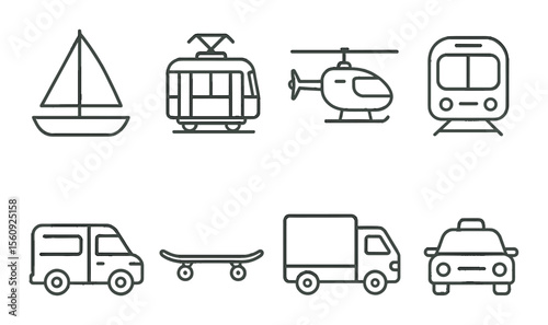 Transport vehicle set. linear icons: car, train, boat, tram, helicopter, skateboard, taxi vector icons.