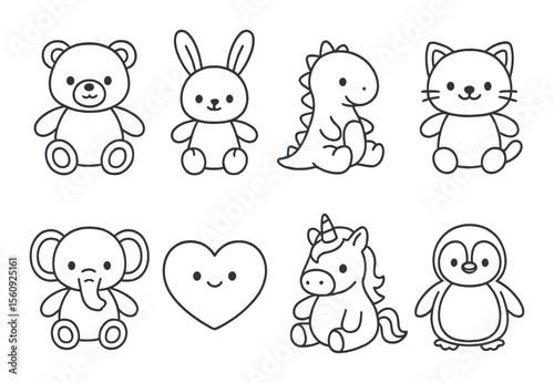 Animal toy set. playful silhouette animals. bear, rabbit, dinosaur, heart, unicorn, penguin vector icons.