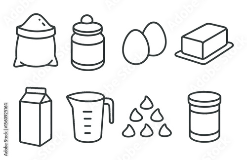 Kitchen ingredient set. cooking essentials silhouette flour, sugar, eggs, milk, vector icons.