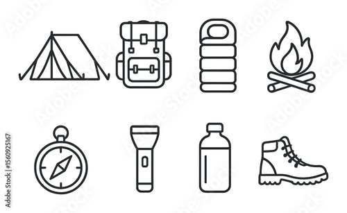 Camping gear icon set. outdoor equipment linear icons: tent, backpack, fire, compass, vector icons.