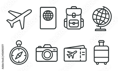 Travel icon set. adventure silhouette icons. airplane, passport, backpack, globe vector icons.