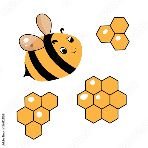Cartoon bee mascot. Little bee flying. Wasp collection. Vector bumblebee characters. Insect icon. Design template for invitation, card. Doodle style.