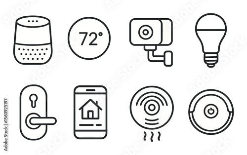 Smart home device set. security, thermostat, camera, sensor, lock, appliance linear vector icons.