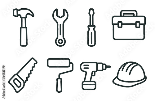 Tool set. construction elements silhouette: hammer, wrench, saw, helmet, toolbox vector icons.