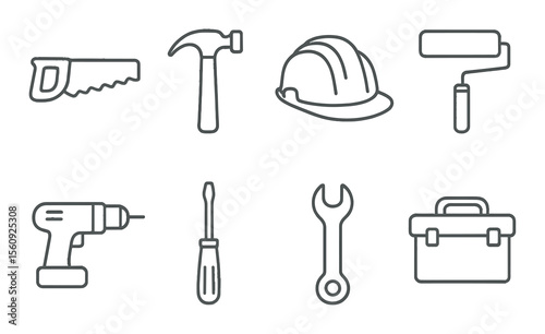 Construction tool set. home improvement linear icons. saw, hammer, drill, vector icons.