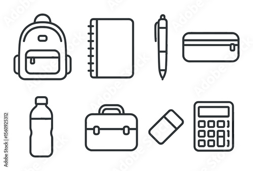 School supplies set. classroom essentials silhouette: backpack, notebook, pen, wallet vector icons.