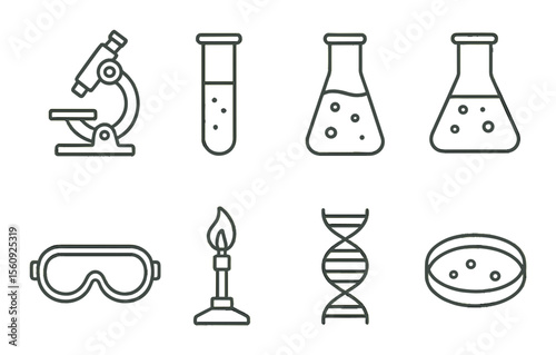 Science lab set. chemistry equipment linear icons. microscope, beaker, dna vector icons.