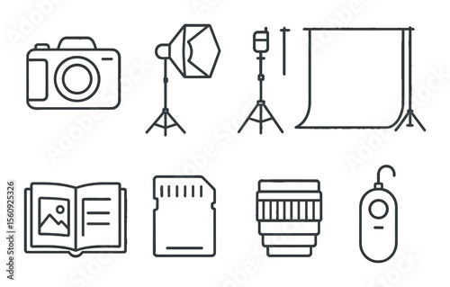 Photography equipment set. camera, tripod, lens, lighting, backdrop, remote flat vector icons.