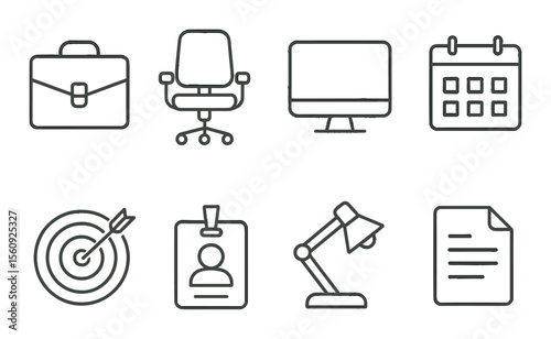 Office essentials set. linear desk, chair, computer, calendar, target, id vector icons.