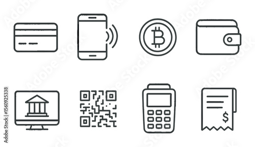 Finance icon set. digital banking linear icons. card, smartphone, btc, wallet vector icons.