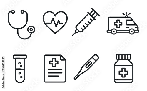 Medical icon set. healthcare essentials linear stethoscope, heart, syringe, ambulance vector icons.