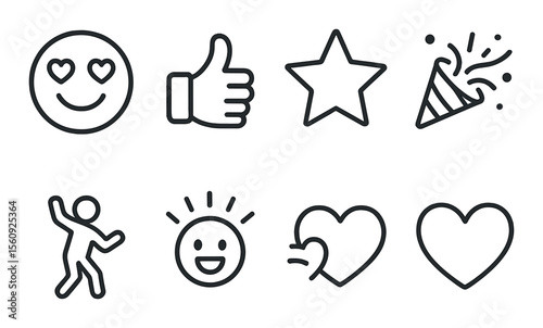 Emoji icon set: linear smiley, like, star, party, dance, sun, heart vector icons