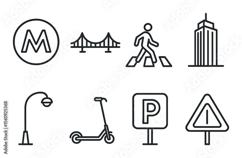 Cityscape icon set. urban linear icons. bridge, pedestrian, building, lamp, scooter vector icons.