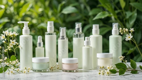 Assortment of white cosmetic bottles and jars displayed against a leafy green background outdoors