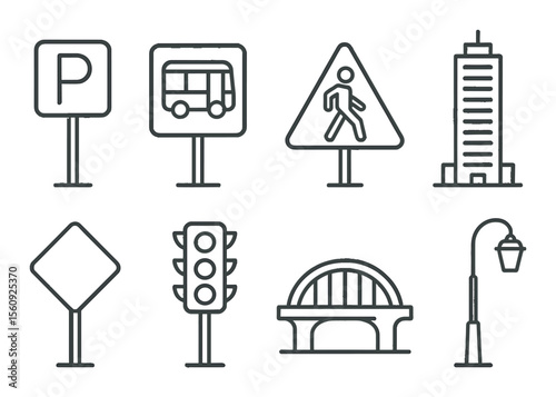 Traffic sign set. urban transportation silhouette icons. sign, bus, pedestrian, building vector icons.