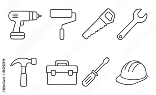 Construction tool set. diy equipment silhouette tools. drill, roller, saw, wrench, screwdriver vector icons.