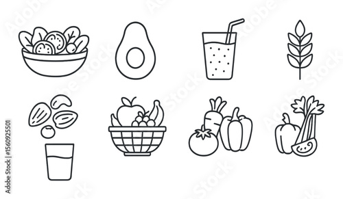 Healthy food set. nutrition linear icons. salad, avocado, juice, nuts, fruits, vegetables vector icons.