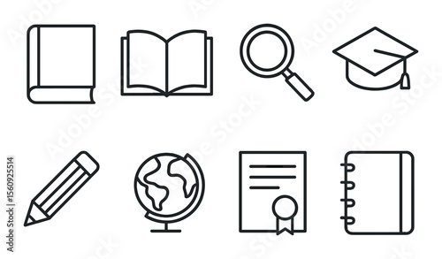 Education set. school linear icons: book, magnifier, graduation cap, pencil, globe vector icons.