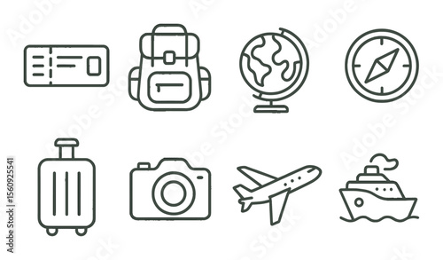Travel icon set. adventure essentials linear style. passport, backpack, globe, compass vector icons.