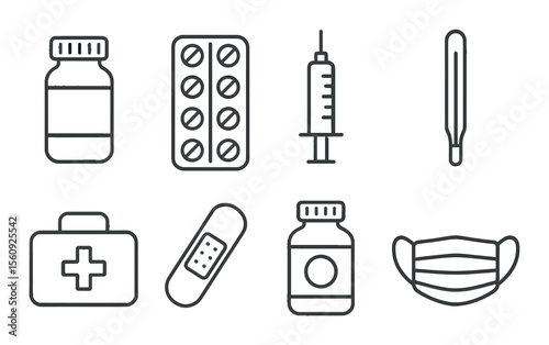 Medical icon set. healthcare linear symbols. syringe, pill, mask, thermometer vector icons.