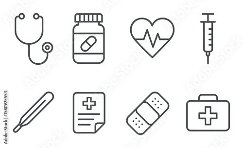 Medical health set. healthcare items linear style. stethoscope, syringe, heart, pill vector icons.