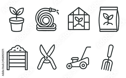 Gardening tools set. flat style garden hose, soil, greenhouse, mower, pruner vector icons.