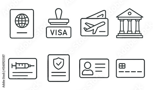 Travel document set. passport, visa, ticket, id, card, bank building silhouette vector icons.