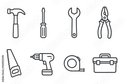 Tool set. construction silhouette tools. hammer, screwdriver, wrench, pliers vector icons.
