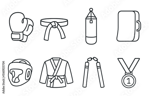 Boxing and martial arts gear set. linear gloves, belt, bag, pads, nunchaku, medal vector icons.