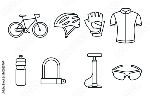 Cycling gear set. sports equipment silhouette icons. bike, helmet, gloves, lock, jersey vector icons.