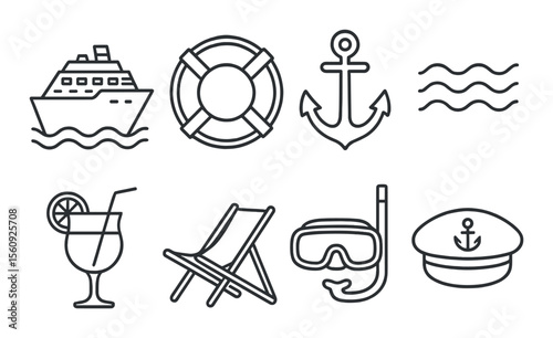 Boat and cruise set. nautical, travel, marine linear icons. ship, anchor, waves, captain, deckchair, snorkel, lifebuoy vector icons