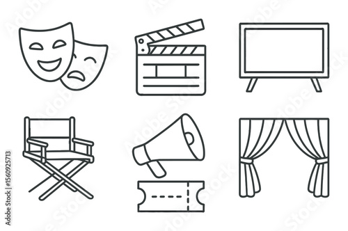 Theater arts set. entertainment linear icons: mask, clapperboard, screen, chair, megaphone, curtain vector icons.