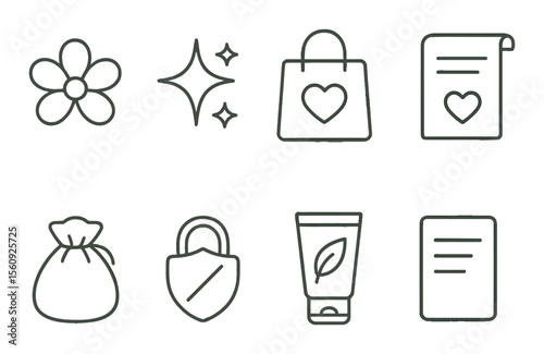 Eco-friendly lifestyle set. linear icons: flower, star, bag, notebook, shield vector icons.