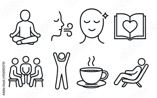 Meditation icon set. relaxation, mindfulness, breathing, yoga, tea linear vector icons