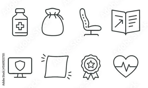Medicine and business icon set. linear health, bag, chair, chart, monitor, badge vector icons.