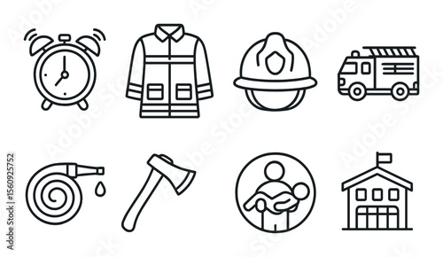 Firefighter equipment set. emergency tools linear icons. helmet, axe, hose, uniform vector icons.