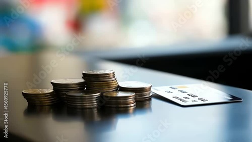 Stacked coins and a credit card on a dark surface